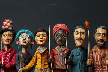 Obraz premium Global People diversity concept art shows in colorful puppet figures in black background, Multi ethical puppet figures standing in a row, Traditional handmade cute elegant figures in fancy costumes