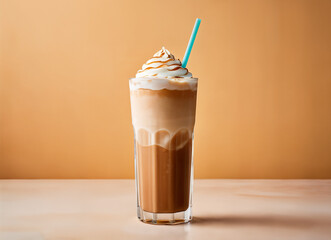 Cold latte coffee drink with ice cream or cream with a straw in a clear glass faceted glass on a table on a plain pastel background