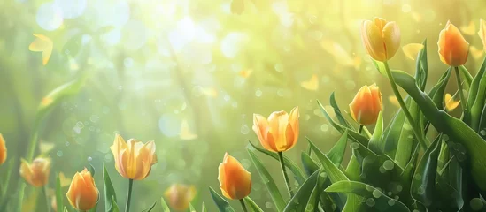 Fotobehang Background with lovely yellow tulips for Spring Easter and a floral background for Summer. © Vusal
