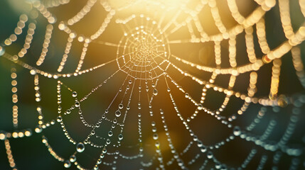 Ultra HD close-up of dew drops on a spider's web, with each drop reflecting the morning sun