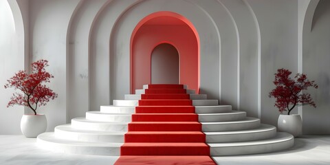 Symbolizing Success and Victory: A White Podium with a Red Carpet on a White Background. Concept Victory, Success, White Podium, Red Carpet, Symbolism