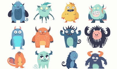 Vector set of cute monsters on a white background, monsters, alien, animal, creatures, group, collection