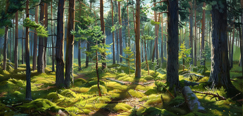 A tranquil forest with tall pine trees, dappled sunlight, and a carpet of moss on the forest floor.