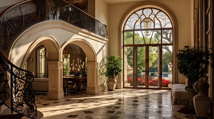 Panoramic view of a hotel corridor with a glass door and a window