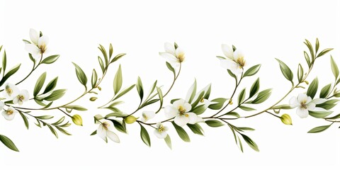Olive thin barely noticeable flower frame with leaves isolated on white background pattern - obrazy, fototapety, plakaty