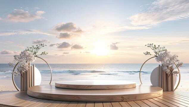 Wooden podium stand for product presentation, beach in the background, 3D rendering