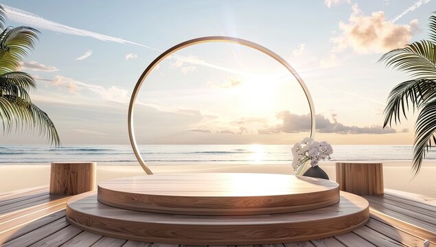 Wooden podium stand for product presentation, beach in the background, 3D rendering