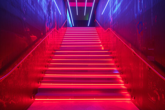 Vibrant neon red stairs with laser beams crisscrossing above, creating a dynamic entrance