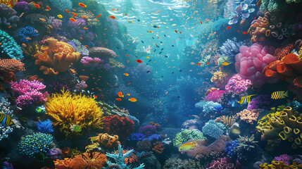A vibrant coral reef teeming with life, with colorful fish darting among intricate coral formations