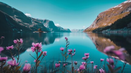  A lake with flowers in the foreground and mountains in the background