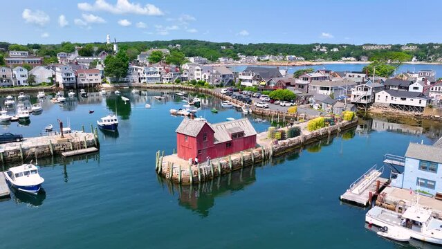 Motif Number 1 aerial view in historic waterfront village of Rockport, Massachusetts MA, USA. This building is a fishing shack built in 1840, it's the the most famous symbol of New England maritime. 