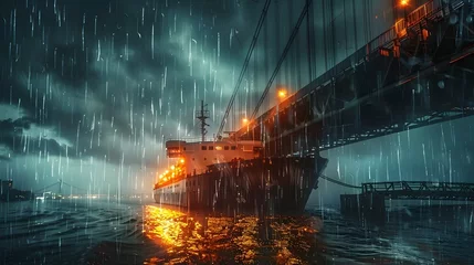  Cargo Ship Battling Fierce Storm Collides with Modern Bridge,Emergency Crews Rushing to Provide Rescue Amidst Heavy Rainfall © kiatipol