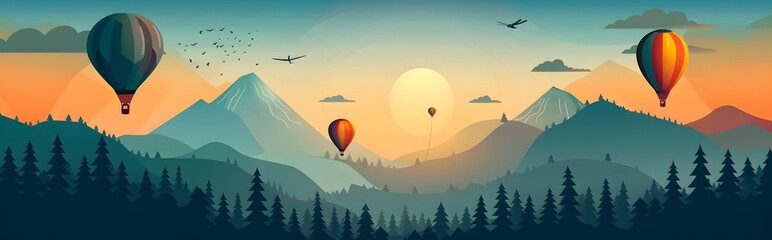 Majestic Hot-Air Balloons Soaring Over Breathtaking Mountain Landscape at Sunset - obrazy, fototapety, plakaty