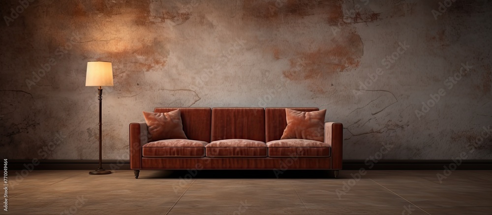 Aufkleber a cozy setting featuring a comfortable sofa adorned with throw pillows and an illuminating lamp, cre