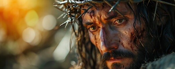Image depicting Jesus Christ adorned with a crown of thorns, symbolizing salvation - obrazy, fototapety, plakaty