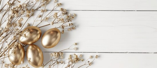Elegant Easter concept featuring minimal gold quail eggs and dried golden flax on a white wooden background. Trendy flat lay design for a Happy Easter card with space for text. - Powered by Adobe