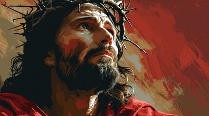 portrait of Jesus wearing a crown of thorns, image on a biblical theme, concept of resurrection, Easter, atonement