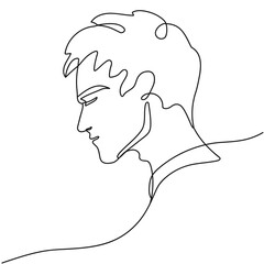Drawing of an elegant man, portrait in profile. A grieving man is sad. One line drawing.