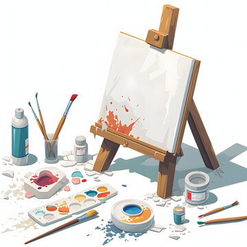 An artist's studio space with a canvas in progress on an easel, surrounded by scattered brushes, tubes of paint, and inspirational sketches isolated on white background, isometry, png
