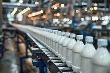 Bustling Beverage Production Line in a Modern Milk Factory Generative AI