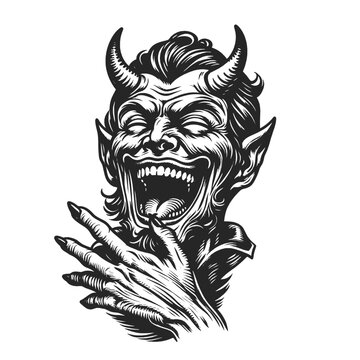 Devil devilish figure laughing with horns and a mischievous expression sketch engraving generative ai fictional character vector illustration. Scratch board imitation. Black and white image.
