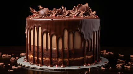 Ultra-realistic chocolate drips and splashes adorning the sides of a fudgy chocolate cake.