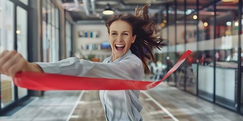 Entrepreneurs race in office happy businesswoman crosses finish line. Concept - Businesswoman.- Office.- Competition.- Entrepreneurship.- Success