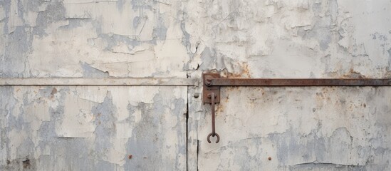 Naklejka premium A closeup image of a rusty metal door with a key attached to it, set against a worn building facade. The contrast between the decayed metal and composite material adds character to the scene