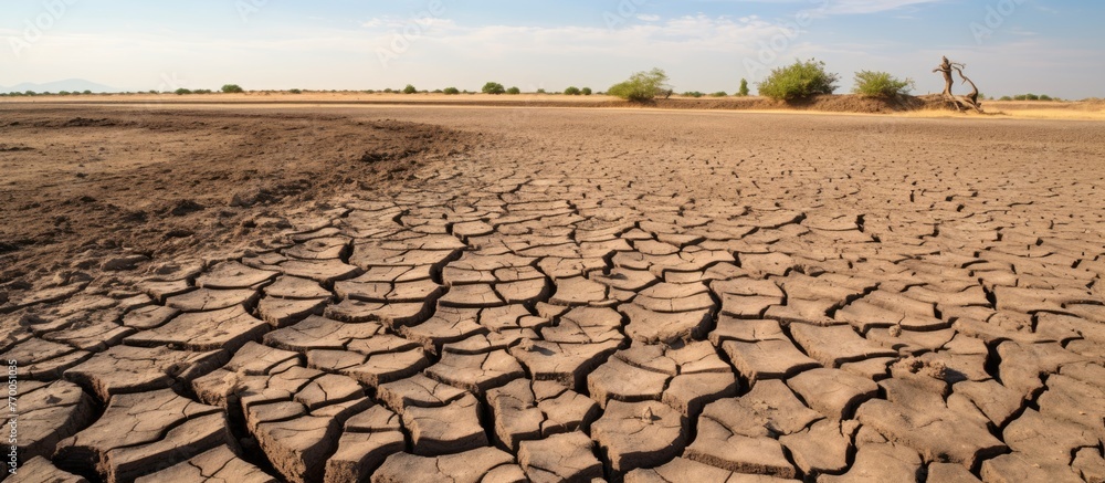 Poster a vast, dry desert with cracked soil and scattered trees in the background, creating a mesmerizing n