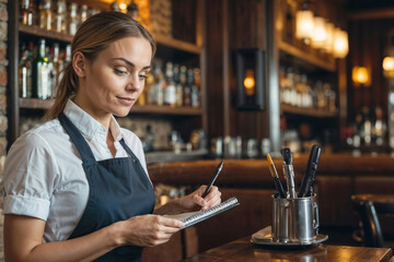 Portrait of waitress with a notebook takes an order. Waitress taking order on a notebook in pub. Waiter writing an order in bar at hotel - Powered by Adobe