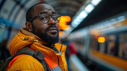 An African-American rail worker with glasses and beard wearing a yellow winter jacket in a subway station with a train passing by in the background