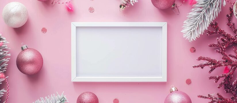 Christmas ornaments, sparkly sequins, and a photo frame on a chic pink table from above. Stylish setting for a festive backdrop. Flat lay image suitable for party invitations or mockups.