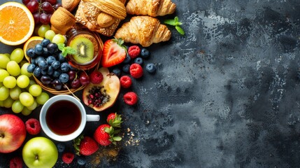  A table displaying fruits and pastries alongside a teacup and a croissant on a platter - obrazy, fototapety, plakaty