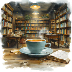 A cozy bookshop interior with shelves of books, a reading nook, and a steaming cup of tea isolated on white background, sketch, png
