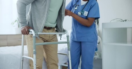 Senior, walker and nurse support with caregiver, help and physical therapy assistance in clinic. Healthcare, wellness and nursing care with elderly patient with rehabilitation of a man with walking - Powered by Adobe