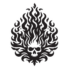 Burning skull in a fire flame, black silhouette on a transparent background, vector drawing for print, stencil, tattoo..