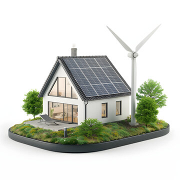 House with solar panels and a small wind turbine isolated on white background, hyperrealism, png
