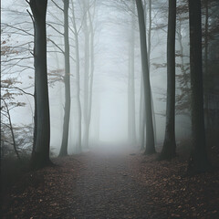 Foggy forest path isolated on white background, vintage, png
