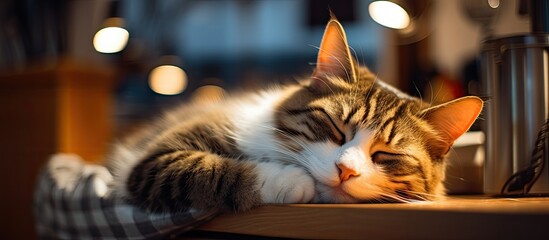 A relaxed cat is lying comfortably on a table surface, looking content and at ease - obrazy, fototapety, plakaty