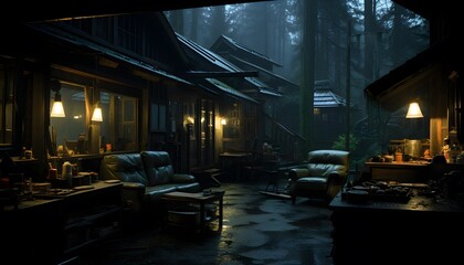 Panorama of a small cozy house in a dark forest at night.