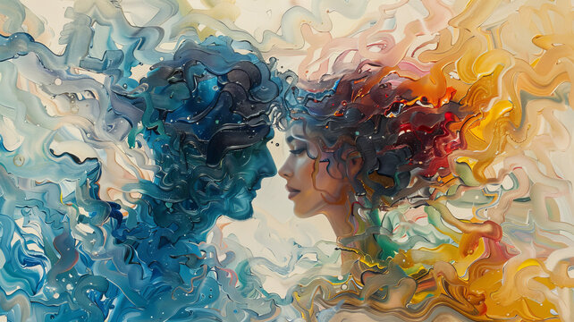 complex abstract oil painting representing the love between a man and a woman celebrating their honeymoon,generative ai