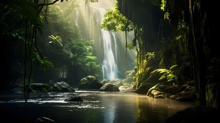 Panorama of beautiful waterfall in tropical rainforest. Nature background. - obrazy, fototapety, plakaty