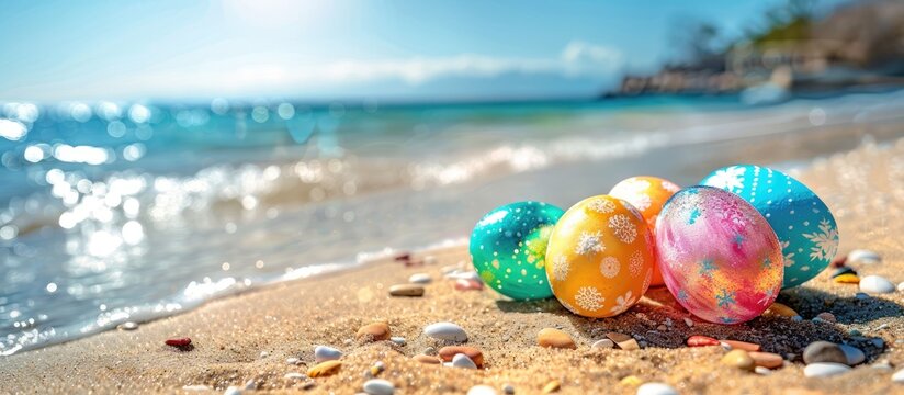 Colorful Easter eggs on the sandy shore by the sea