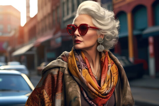 Elegant stylish Mature woman walks city street , wears stylish clothes. Trending outfit