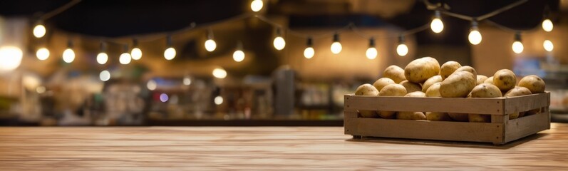 Wooden crate of potatoes on wooden counter at blur background with  lights. Fresh vegetables in farmers market or supermarket, wide format close up with copy space for text, horizontal format