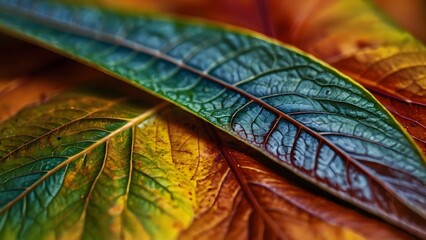 AI Generated illustration of closeup macro detailed autumn foliage, multi colored texture, AI Generation