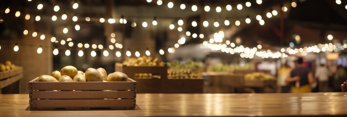 Wooden crate of potatoes on wooden counter at blur background with  lights. Fresh vegetables in farmers market or supermarket, wide format close up with copy space for text, horizontal format - obrazy, fototapety, plakaty