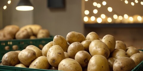Black plastic crate of potatoes on blur background with lights. Fresh vegetables in farmers market or supermarket, close up
