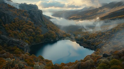  A picture captures a mountainous landscape surrounding a lake in the foreground, with low-lying clouds above