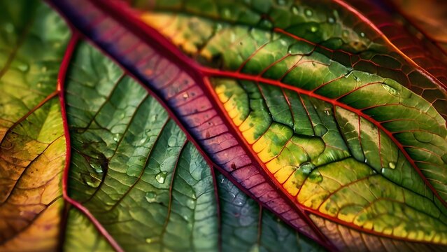 AI Generated illustration of closeup macro detailed autumn foliage, multi colored texture, AI Generation